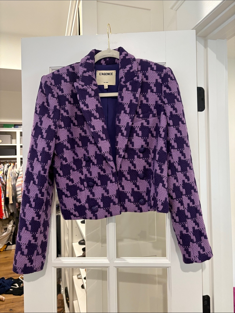 L'AGENCE Lilac and Deep Purple Houndstooth Cropped Blazer